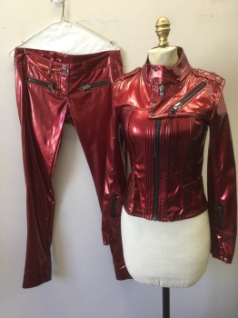 LIP SERVICE, Cherry Red, Metallic, Faux Leather, Solid, Jacket/Top: Zip Front, Stand Collar, Various Zip Compartments, Epaulettes at Shoulders, Slim/Form Fitting, Zipper at Center Back Hem/Waist