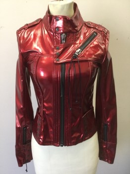 LIP SERVICE, Cherry Red, Metallic, Faux Leather, Solid, Jacket/Top: Zip Front, Stand Collar, Various Zip Compartments, Epaulettes at Shoulders, Slim/Form Fitting, Zipper at Center Back Hem/Waist
