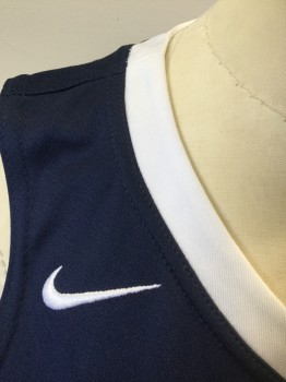 NIKE DRI FIT, Navy Blue, White, Polyester, Color Blocking, Navy with White V-neck, White Panels at Sides with Navy Stripes, Sleeveless, "15" at Front and Back