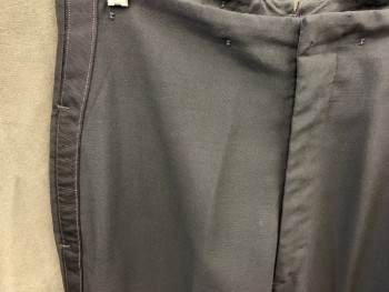 N/L, Black, Polyester, Wool, Solid, Tuxedo Pant with Side Faille Stripe Trim, Flat Front, Concealed Zip Closure, 2 Side Slash Pockets, Suspender Buttons