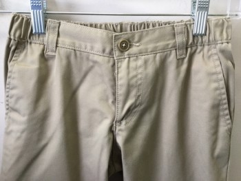 LANDS END, Khaki Brown, Polyester, Cotton, Solid, Flat Front, 3 Pockets, Elastic Waist