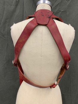MTO, Red, Leather, Solid, Shoulder Harness, 1 Gun Holster with Ties to Attached to Belt, Adjustable Buckle Back Straps, Padding Attached to Front Shoulder Pieces