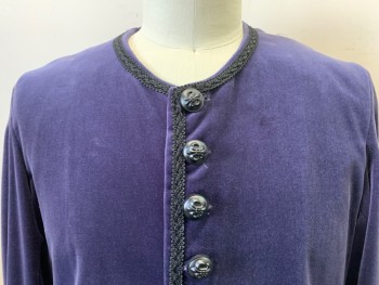 MTO, Aubergine Purple, Black, Cotton, Synthetic, Solid, Velveteen, Black Trim and 11 Fleur-de-lis Buttons, Cuffs and Faux Pockets with Flaps and Buttons. 2 Spots of Discoloration on Right Shoulder See Detail Photo, Late 1600s
