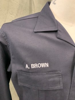 UNITED UNIFORMS, Navy Blue, Poly/Cotton, Solid, Zip Front, Snap Front, Collar Attached, Long Sleeves, Snap Cuff, 2 Flap Pockets (A.Brown Embroidery)