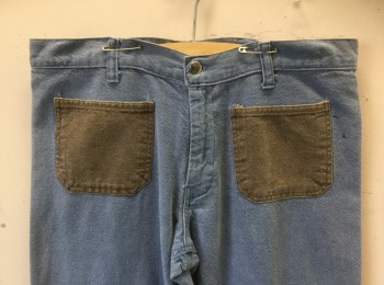 N/L, Dusty Blue, Lt Brown, Cotton, Solid, Twill, 4 Brown Patch Pockets in Front and Back, Bell Bottoms, Zip Fly, Belt Loops,