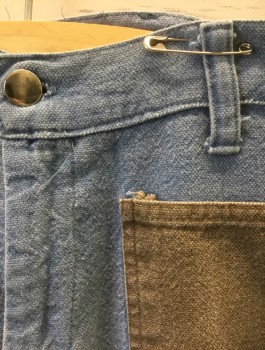 N/L, Dusty Blue, Lt Brown, Cotton, Solid, Twill, 4 Brown Patch Pockets in Front and Back, Bell Bottoms, Zip Fly, Belt Loops,
