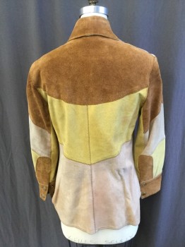 FOX 159, Camel Brown, Mustard Yellow, Lt Brown, Leather, Color Blocking, Camel/mustard/light Brown Leather Patches with Brown Zig-zag Top Stitches, Collar Attached, Gold Snap Front, 2 Slant Pockets, Long Sleeves, Shinny Peach Orange Lining, Curved Hem