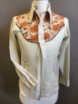 FOX 73, Lt Khaki Brn, Orange, Tan Brown, Brown, Beige, Polyester, Cotton, Floral Print with Dark Brown Piping Trim Yoke Front & Back, Button Front, Long Sleeves, Curved Hem