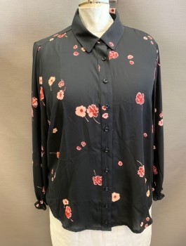 LANE BRYANT, Black, Lt Pink, Red, Red Burgundy, Polyester, Floral, Chiffon, Long Sleeves, Button Front, Collar Attached, Elastic Cuffs
