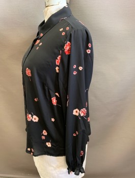 LANE BRYANT, Black, Lt Pink, Red, Red Burgundy, Polyester, Floral, Chiffon, Long Sleeves, Button Front, Collar Attached, Elastic Cuffs