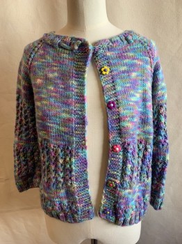 N/L, Purple, Lt Green, Pink, Periwinkle Blue, Olive Green, Wool, Mottled, 6 Floral Buttons Down Front, Crochet