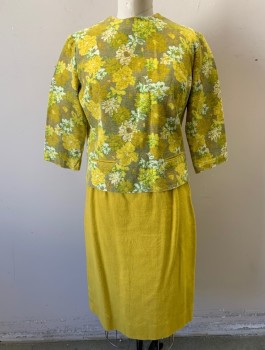 MARY HAYES, Yellow, Green, Taupe, White, Linen, Floral, Top, 3/4 Sleeves, High Round Neck, 2 Welt Pockets at Hips, Yellow Buttons Down Center Back,