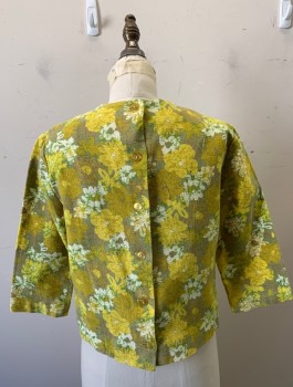 MARY HAYES, Yellow, Green, Taupe, White, Linen, Floral, Top, 3/4 Sleeves, High Round Neck, 2 Welt Pockets at Hips, Yellow Buttons Down Center Back,