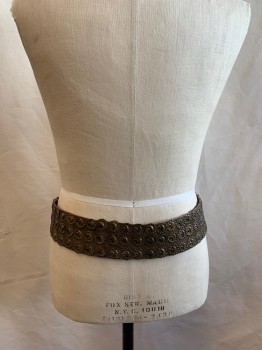 TOOBKAL, Bronze Metallic, Brown, Leather, Metallic/Metal, Solid, Medallion Pattern, Thick Belt, Round Buckle with Scallop Trim