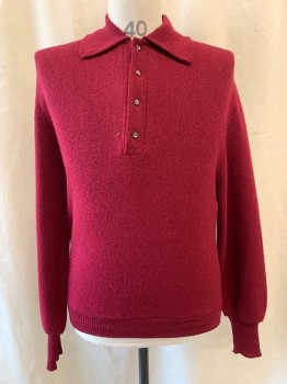 HOUSE OF DAVID, Red Burgundy, Alpaca, Wool, Collar Attached, 1/4 Button Front, Long Sleeves *Hole to the  Right of Placket