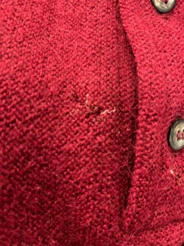 HOUSE OF DAVID, Red Burgundy, Alpaca, Wool, Collar Attached, 1/4 Button Front, Long Sleeves *Hole to the  Right of Placket