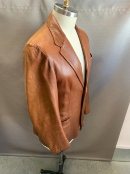 REMY, Lt Brown, Leather, Solid, Single Breasted, 2 Buttons,  3 Pockets, Notched Lapel,
