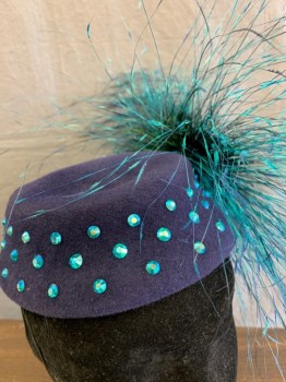 HOUSE OF NINES, Navy Blue, Wool, Teal Blue Rhinestones, Teal Blue Feathers on Left Side, Cord Chin Strap