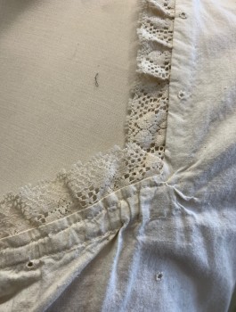 N/L, Off White, Cotton, Solid, Floral, Muslin with Eyelet Cutout Dots,, 3/4 Sleeves, Flared Cuffs with Self Embroidery and Eyelet, Elastic, Square Neck with Lace Trim, Elastic Waist, Historical Fantasy