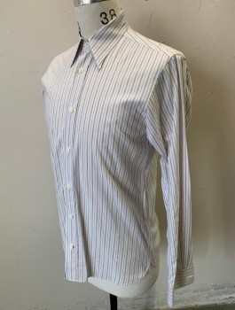 PIKE BROS, Off White, Brick Red, Slate Blue, Cotton, Stripes - Pin, Reproduction, Long Sleeves, Button Front, Collar Attached,