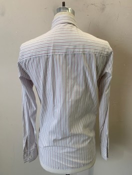 PIKE BROS, Off White, Brick Red, Slate Blue, Cotton, Stripes - Pin, Reproduction, Long Sleeves, Button Front, Collar Attached,