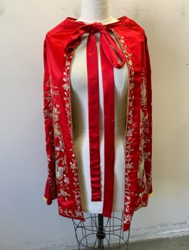 N/L MTO, Red, Silver, Multi-color, Metallic, Silk, Asian Inspired Theme, Satin, Pastel Iridescent Passementarie with Dragons, Phoenix Birds, Flowers and Vines, Waist Length, Self Ties at Neck, Yellow Lining, Large Red Satin (Non-Matching) Gussets at Sides & Back, Made To Order, Has Lots of Loose Gold Threads
