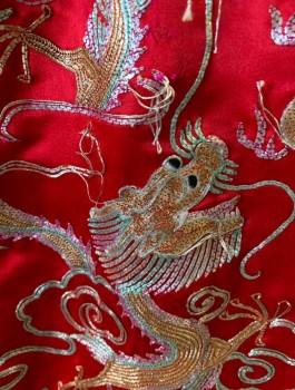 N/L MTO, Red, Silver, Multi-color, Metallic, Silk, Asian Inspired Theme, Satin, Pastel Iridescent Passementarie with Dragons, Phoenix Birds, Flowers and Vines, Waist Length, Self Ties at Neck, Yellow Lining, Large Red Satin (Non-Matching) Gussets at Sides & Back, Made To Order, Has Lots of Loose Gold Threads