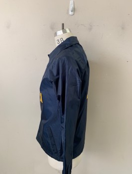 First Class, Navy Blue, Nylon, Solid, Button Front, Snap Buttons, Squib Holes Center on Both Sides of Inside Jacket, FBI on Back and Left Chest in Yellow