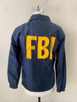 First Class, Navy Blue, Nylon, Solid, Button Front, Snap Buttons, Squib Holes Center on Both Sides of Inside Jacket, FBI on Back and Left Chest in Yellow