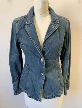 TRIPLE FIVE SOUL, Denim Blue, Cotton, Solid, Jean Blazer, Notched Lapel, 2 Buttons, Tan and White Top Stitching, 2 Welt Pockets, Self Belt/Buckle Details at Sides of Waist, No Lining