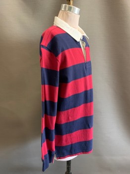 OLD NAVY, Red Burgundy, Navy Blue, White, Cotton, Stripes - Horizontal , L/S, 3 Buttons, Collar Attached