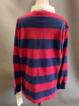 OLD NAVY, Red Burgundy, Navy Blue, White, Cotton, Stripes - Horizontal , L/S, 3 Buttons, Collar Attached