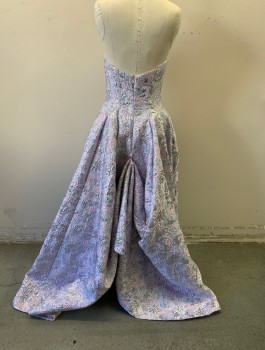 CINDERELLA DIVINE, Silver, Lavender Purple, Pink, Lt Blue, Synthetic, Floral, Brocade, Lurex, Strapless, Zip Back, 2 Pockets, Pleated Skirt Panels, Short in Front, Train with Button to Hold Train Up