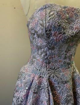 CINDERELLA DIVINE, Silver, Lavender Purple, Pink, Lt Blue, Synthetic, Floral, Brocade, Lurex, Strapless, Zip Back, 2 Pockets, Pleated Skirt Panels, Short in Front, Train with Button to Hold Train Up