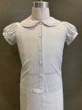 RACHEL RiLEY, Ballet Pink, Dk Gray, Cotton, Polka Dots, Short Puff Sleeves, Button Front, Collar Attached With Pleated Trim,