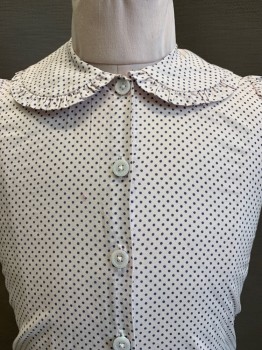 RACHEL RiLEY, Ballet Pink, Dk Gray, Cotton, Polka Dots, Short Puff Sleeves, Button Front, Collar Attached With Pleated Trim,