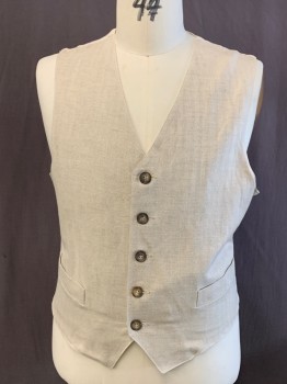 MARC BAXIS, Oatmeal Brown, Cream, Linen, Polyester, Herringbone, V NECK, Button Front, 2 Pockets, Back Self Tie