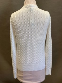 GAP, White, Cotton, Cable Knit, Crew Neck, Single Breasted, Button Front, Long Sleeves