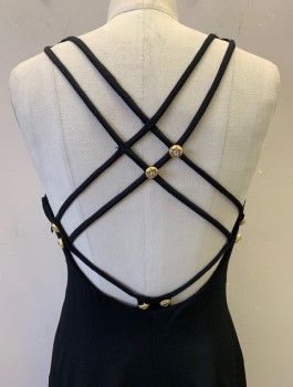 L.K.L, Black, Rayon, Boat Neck, Sleeveless, Open Back With Criss Crossed Straps, Gold & Rhinestone Buttons, Fitted, Zip Side, Hem at Knee
