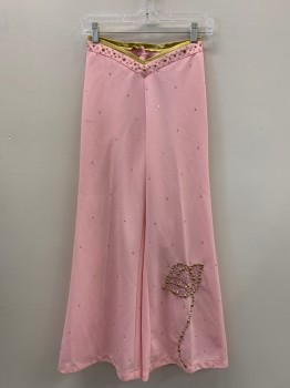 NO LABEL, Lt Pink, Gold, Polyester, Solid, V Cut Waist Band, Gold And Pink Rhinestones And Studs, Flower On Bottom Pant Leg, Back Zip, Wide Leg, Made To Order,