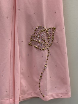 NO LABEL, Lt Pink, Gold, Polyester, Solid, V Cut Waist Band, Gold And Pink Rhinestones And Studs, Flower On Bottom Pant Leg, Back Zip, Wide Leg, Made To Order,