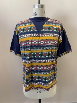 NL, Navy Blue, Multi-color, Cotton, Geometric, Stripes, CN, S/S, Dark Red, White, Dark Olive, Black, And Navy Shapes *Small Bleach Stains On Back Left Sleeve*