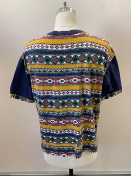 NL, Navy Blue, Multi-color, Cotton, Geometric, Stripes, CN, S/S, Dark Red, White, Dark Olive, Black, And Navy Shapes *Small Bleach Stains On Back Left Sleeve*