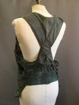 N/L, Dk Olive Grn, Brown, Cotton, Synthetic, Military Style Utility Vest. Aged, Mulit Pocket and Harness with Webbing Strips. Zipper Works But Missing Tab