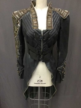 BILL HARGATE, Black, Silver, Brass Metallic, Leather, Metallic/Metal, Solid, Geometric, 3 PIECES. Zip Front, Quilting At Yoke, Webbing/buckles Center Front, Heavy Beading Collar/back/elbows, 2 Detachable Gauntlets, Zipper Trim Tailcoat