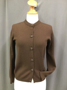 THE SCOTCH HOUSE, Brown, Cashmere, Solid, Crew Neck, Long Sleeves, Cardigan, Button Front, 5 Vintage Buttons = 2 Flowers & Faceted Little Points, Ribbed Knit Neckline & Waistband & Cuffs,