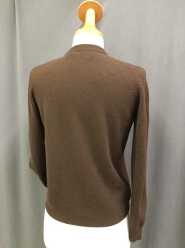 THE SCOTCH HOUSE, Brown, Cashmere, Solid, Crew Neck, Long Sleeves, Cardigan, Button Front, 5 Vintage Buttons = 2 Flowers & Faceted Little Points, Ribbed Knit Neckline & Waistband & Cuffs,