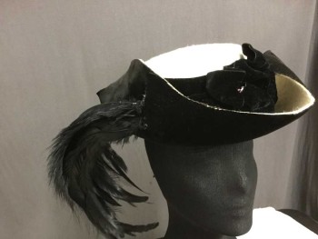 Cream, Black, Silk, Wool, Solid, Color Blocking, Lopsided Crown, Wide Velvet Band with Floofy Bows and Jet Beads, Feather Festoon