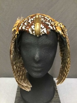 MTO, Brown, Tan Brown, Black, Feathers, Animal Print, Abstract , Feather Headdress with Buzzard Hood Ornament