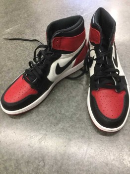 NIKE AIR JORDAN, Black, Red, White, Leather, Synthetic, Color Blocking, Hi Top Sneakers, Black Nike Swoosh at Side with "Air Jordan" and Basketball with Wings Logo, Black Laces
